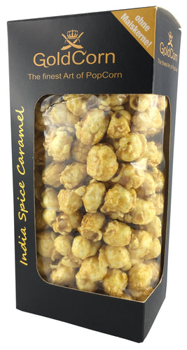 Produktabbildung: GoldCorn Karton mit GoldCorn Logo. Sichtfenster zu den enthaltenen Popcorn. Aufschriften: 